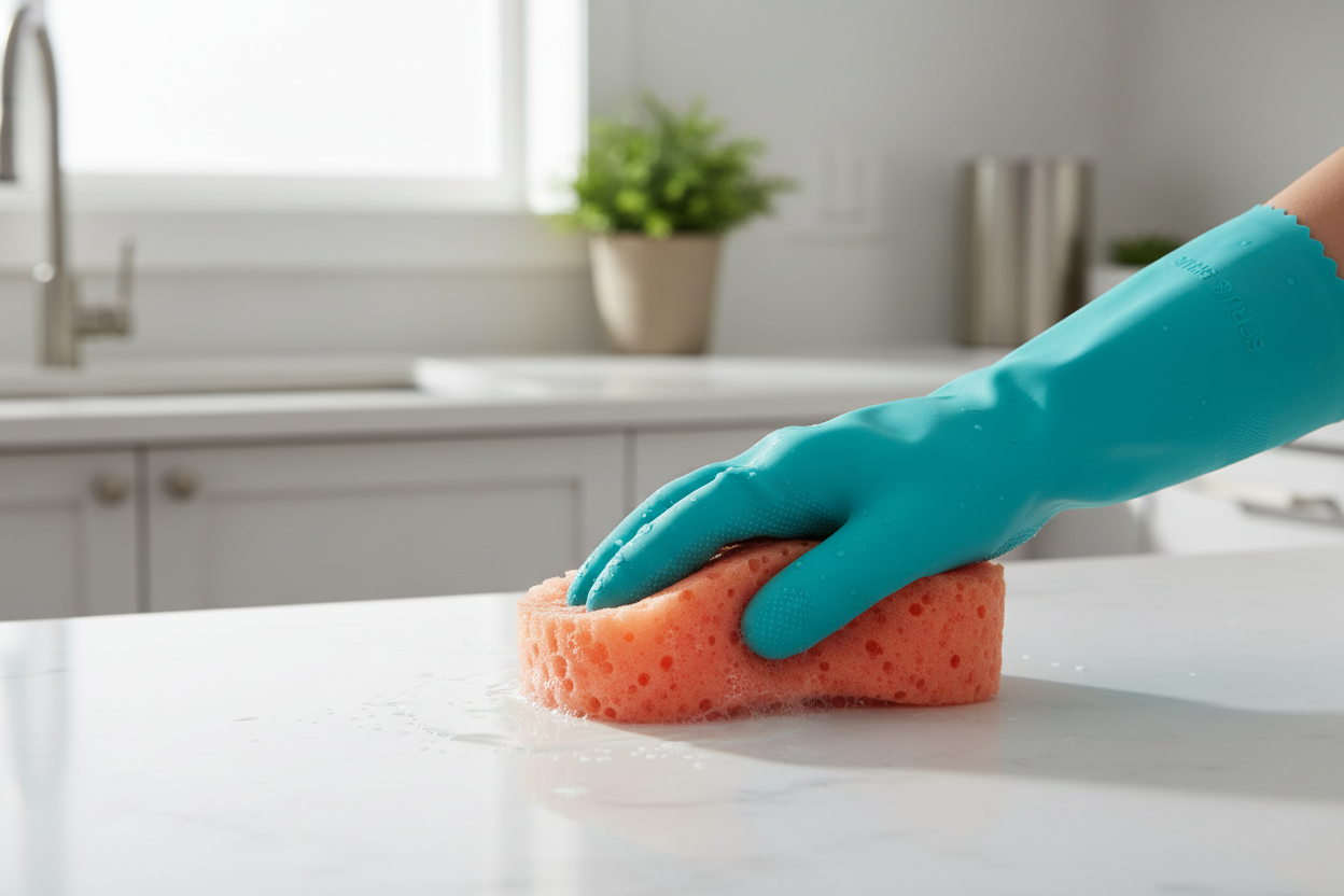luva com esponja na mao