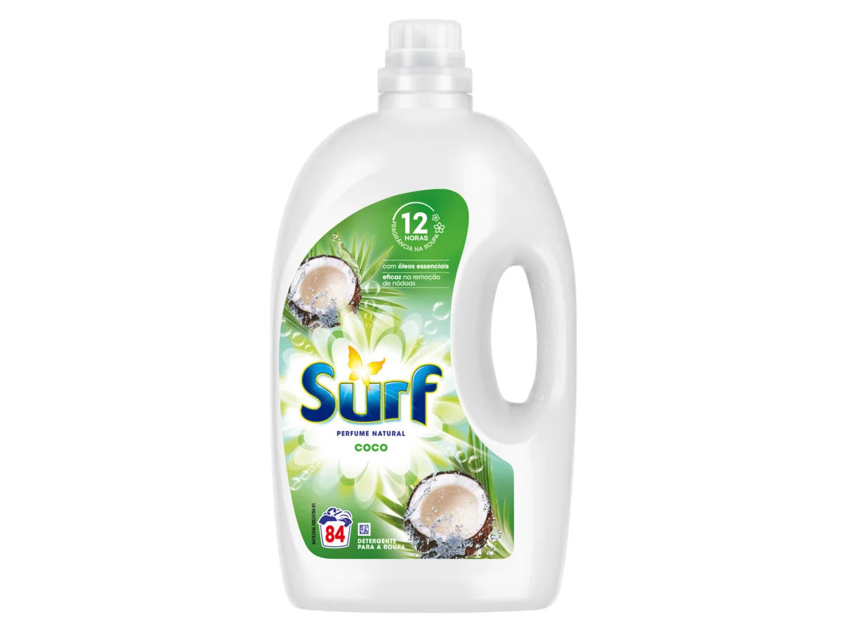 Detergente para roupas Surf Coco Pinto & Coelho, embalagem de 80d, com fórmula suave e fragrância de coco para lavagem de roupas.