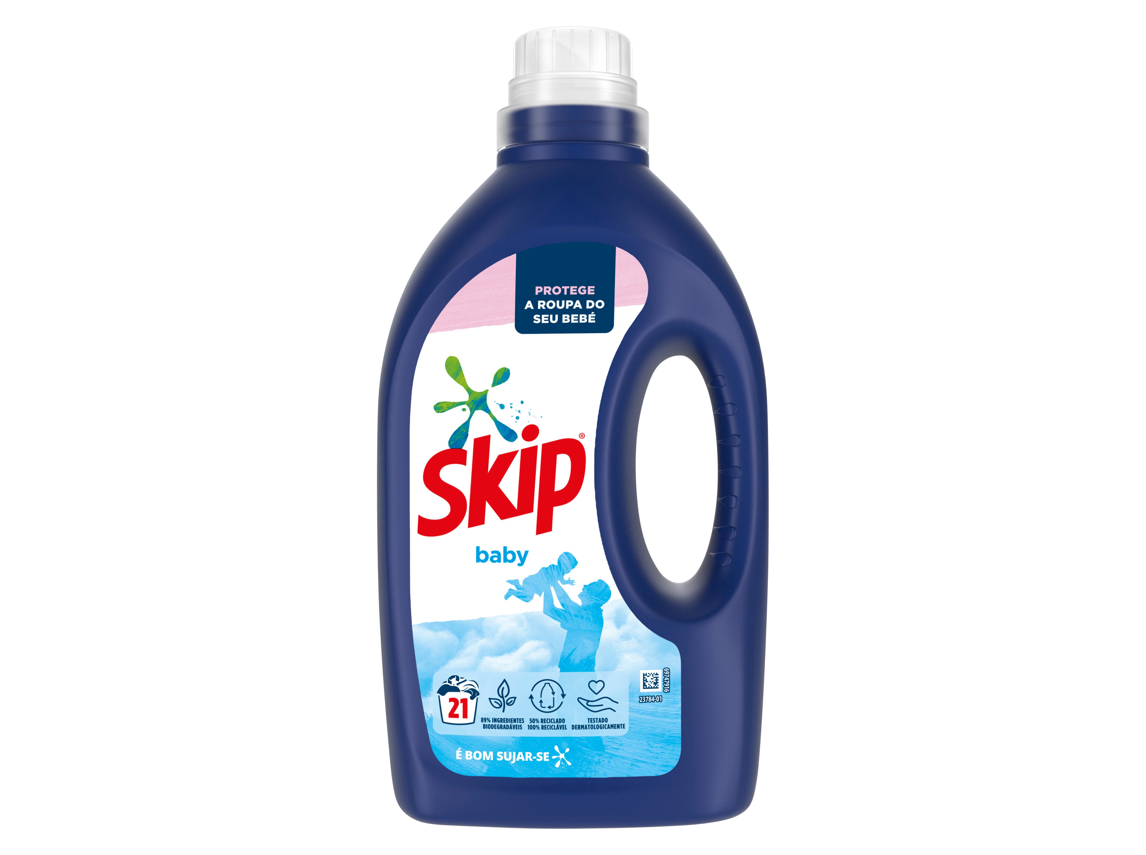 Detergente para roupa de bebê Skip Baby da Pinto & Coelho, embalagem com 21 doses, líquido transparente em frasco.