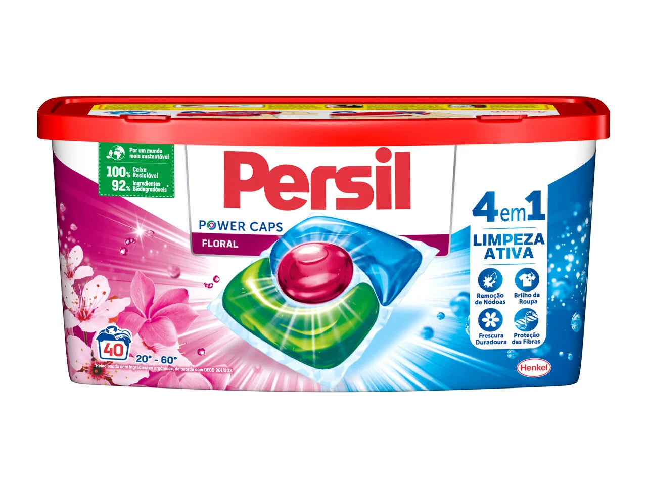 Cápsulas de detergente para roupas Persil Floral, pacote com 40 unidades, da marca Pinto & Coelho, em embalagem visível.