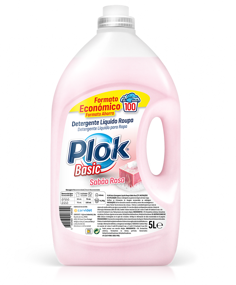 Detergente líquido para roupas Sabão Rosa Pinto & Coelho, frasco de 5 litros, com rótulo rosa e tampa branca.
