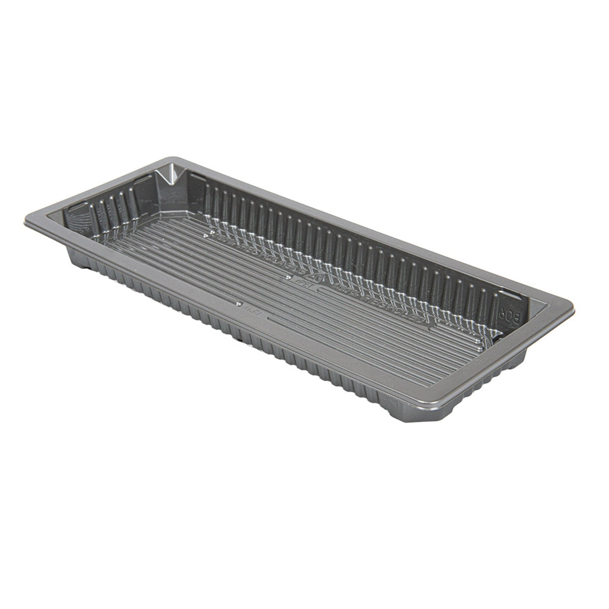 Recipientes prateados para sushi de 225 ml, embalagens Pinto & Coelho, tamanho 22x9x2 cm, rPET reutilizável.