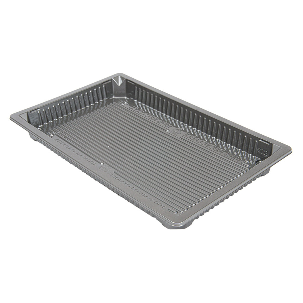 Recipientes para sushi prateados em rPET da Pinto & Coelho, embalagens de 376 ml, 21,5x13,5x2 cm, ideal para alimentos.