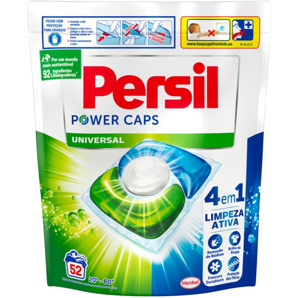 Cápsulas de detergente para roupas Persil Universal, Pinto & Coelho, 52 unidades, embalagem com cápsulas brancas e detalhada