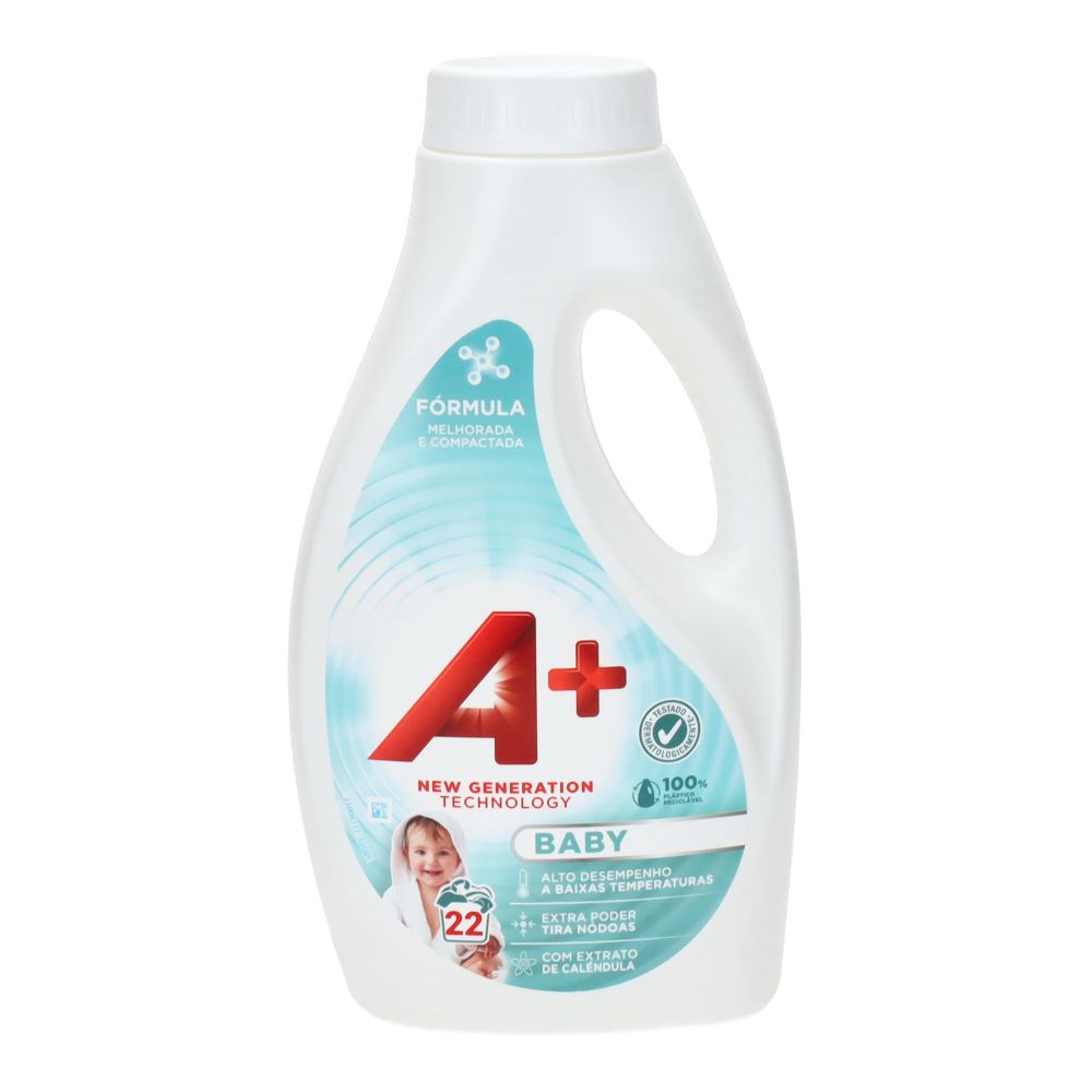 Detergente para roupa de bebê Pinto & Coelho A+ com 22 doses, frasco transparente com líquido suave e tampa azul.
