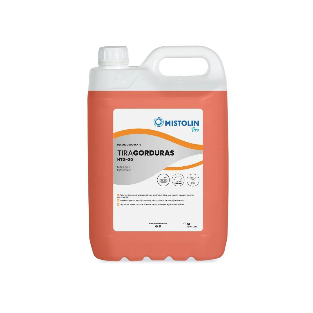 Lata de Tiragorduras HTG-30 de 5 litros da Pinto & Coelho, produto para remoção de gorduras industriais, visível na imagem.