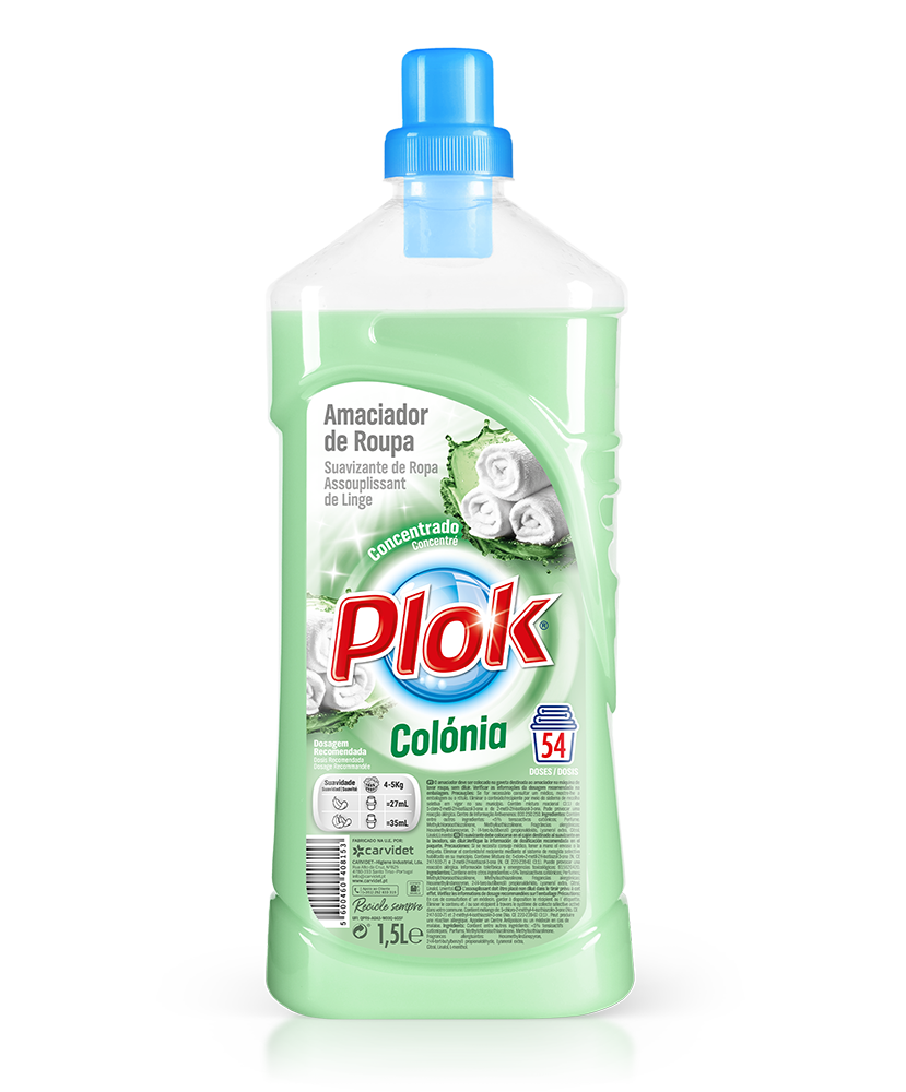 Amaciador para roupas Pinto & Coelho Colónia 54d em garrafa de 15 litros, com fragrância suave e fórmula delicada.
