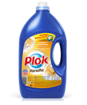 Detergente líquido para roupa Marselha Pinto & Coelho de 5 litros, embalagem com rótulo azul e tampa branca.