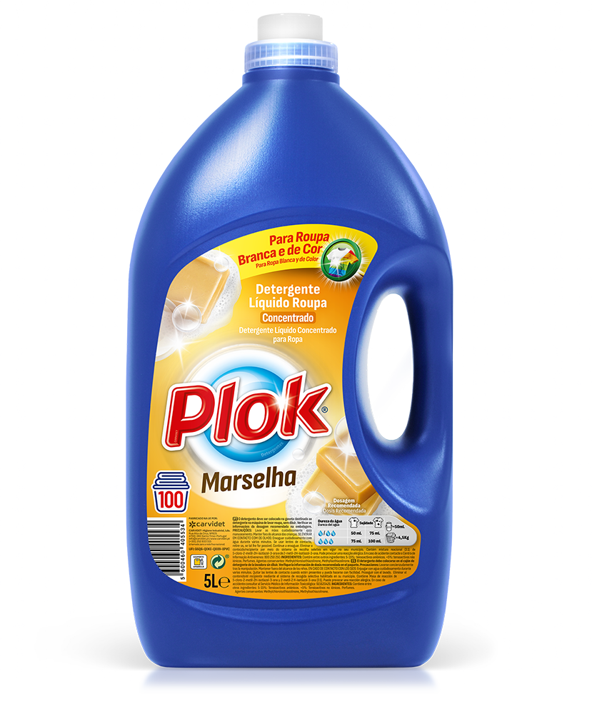 Detergente líquido para roupa Marselha Pinto & Coelho de 5 litros, embalagem com rótulo azul e tampa branca.