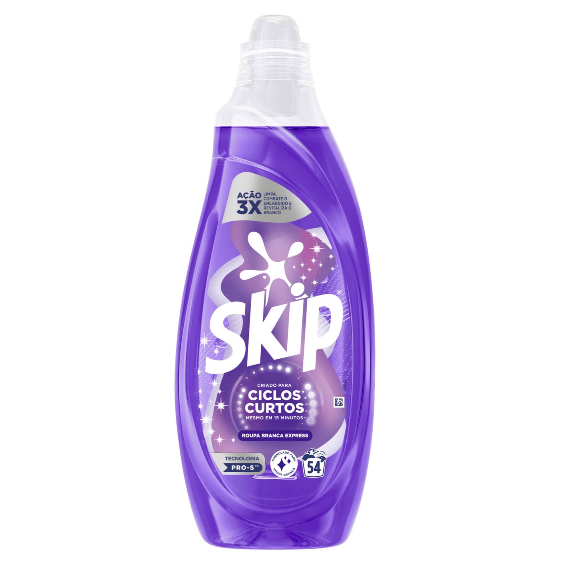 Detergente para roupa de máquina Skip ciclos curtos roupa branca Pinto & Coelho, embalagem de 54 doses.