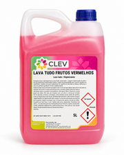 Lava tudo CLEV Frutos Vermelhos da Pinto & Coelho, higienizante de 5L com embalagem de líquido com aroma de frutos vermelhos
