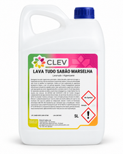 Sabão Marselha Pinto & Coelho CLEV Lava Tudo e Higienizante, frasco de 5L com rótulo verde e tampa branca.