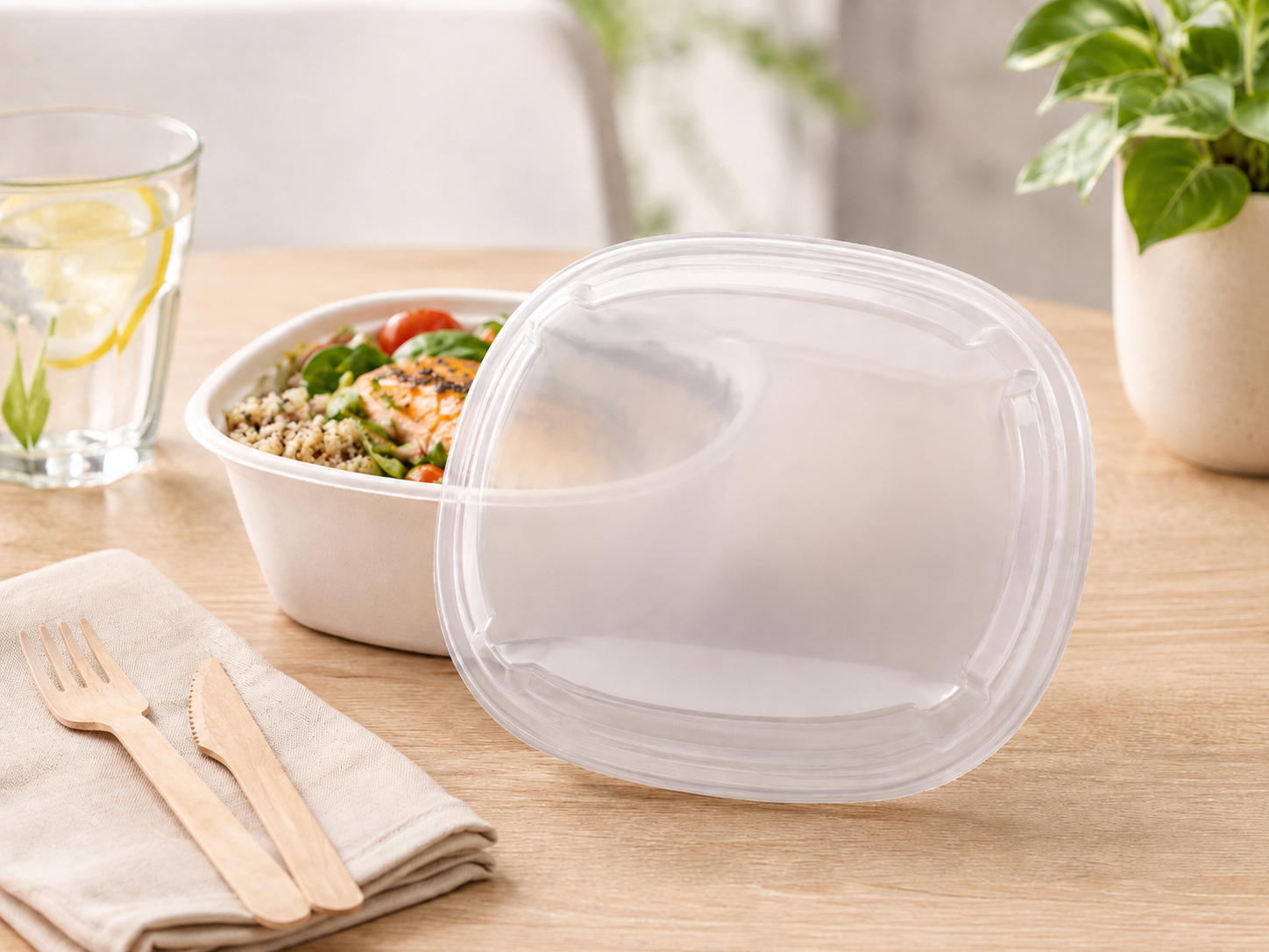 EMBALAGEM TAKE AWAY EM FIBRA DE PAPEL BRANCA COM TAMPA PP 1L (1000ML)