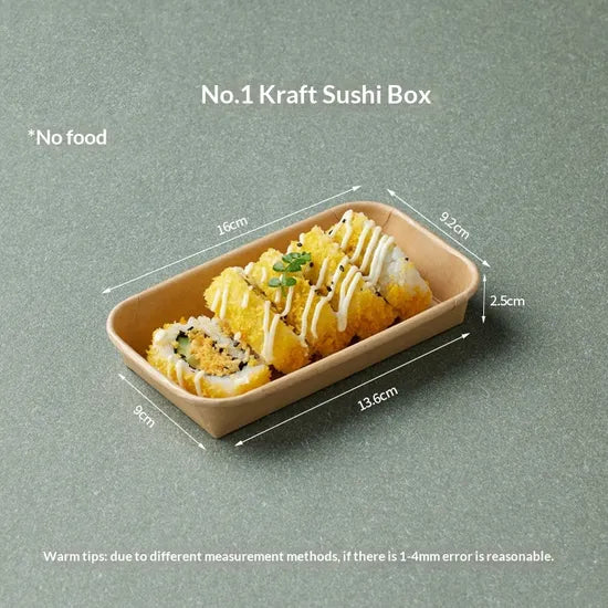 Embale sushi em caixas kraft biodegradáveis da Pinto & Coelho, com 20 recipientes de 16x9,1x2,4 cm para comida sustentável