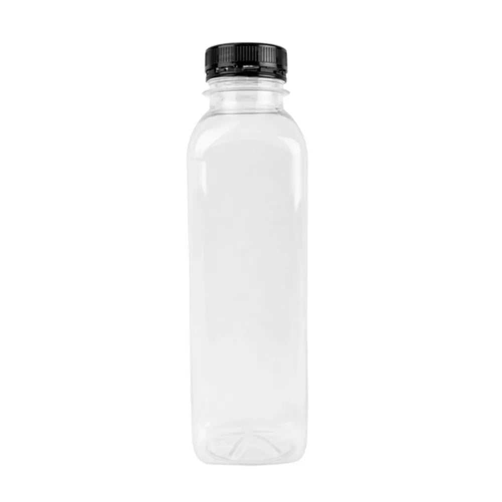 Garrafa rPET de 500ml com tampa preta da Pinto & Coelho, transparente, empilhada em caixa com 126 unidades.