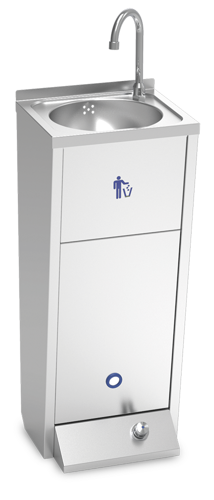 Lava-mãos inox de pedestal XS com torneira de água quente e fria, ideal para ambientes profissionais, da Pinto & Coelho.