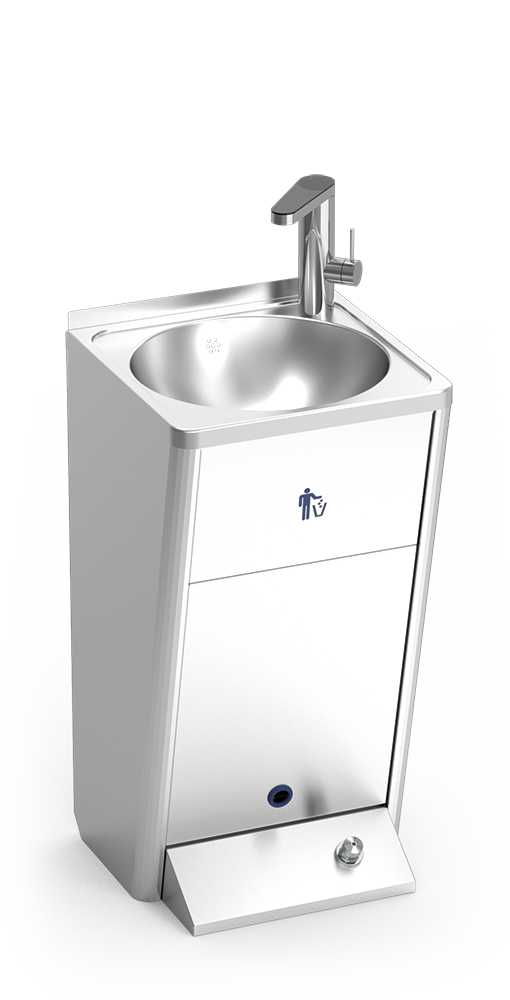 Lava-mãos profissional autônomo inox com água quente instantânea Go! da Pinto & Coelho, mostrando torneira e painel de controle