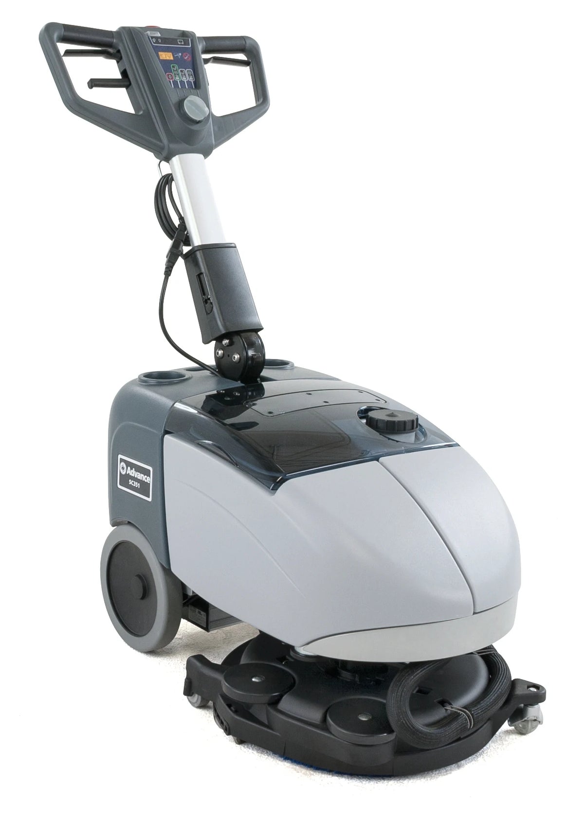 Lavadora de pavimentos Nilfisk SC351 Completa em ação, mostrando o equipamento de limpeza profissional.