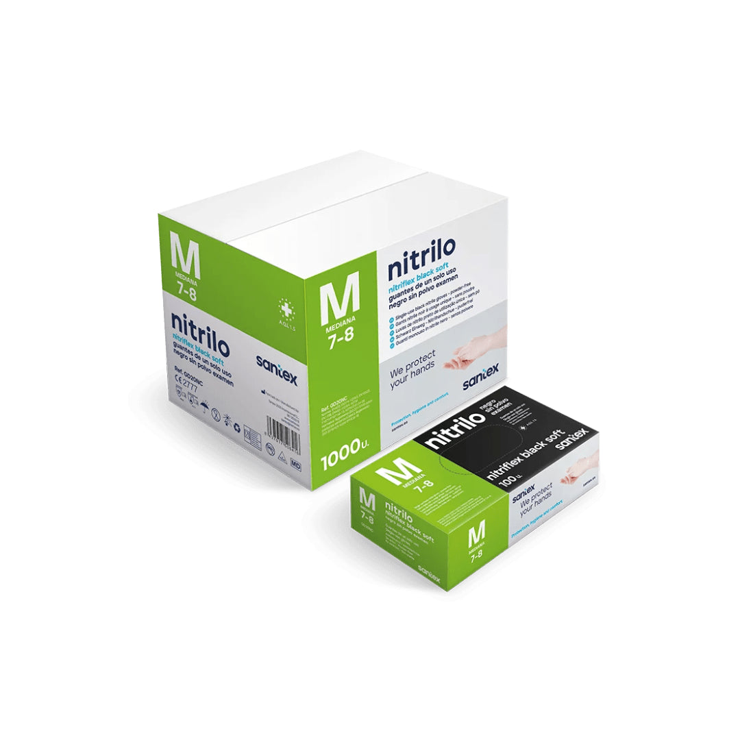 Luvas de nitrilo pretas sem pó da Santex, tamanho M, pacote com 100 unidades, ideal para proteção e higiene.