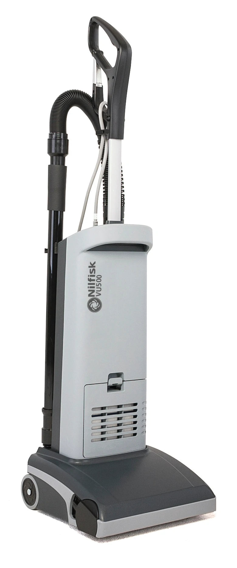 Aspirador vertical Nilfisk VU500 de 12 polegadas, com corpo preto e detalhes cinza, mostrando o design do aspirador.