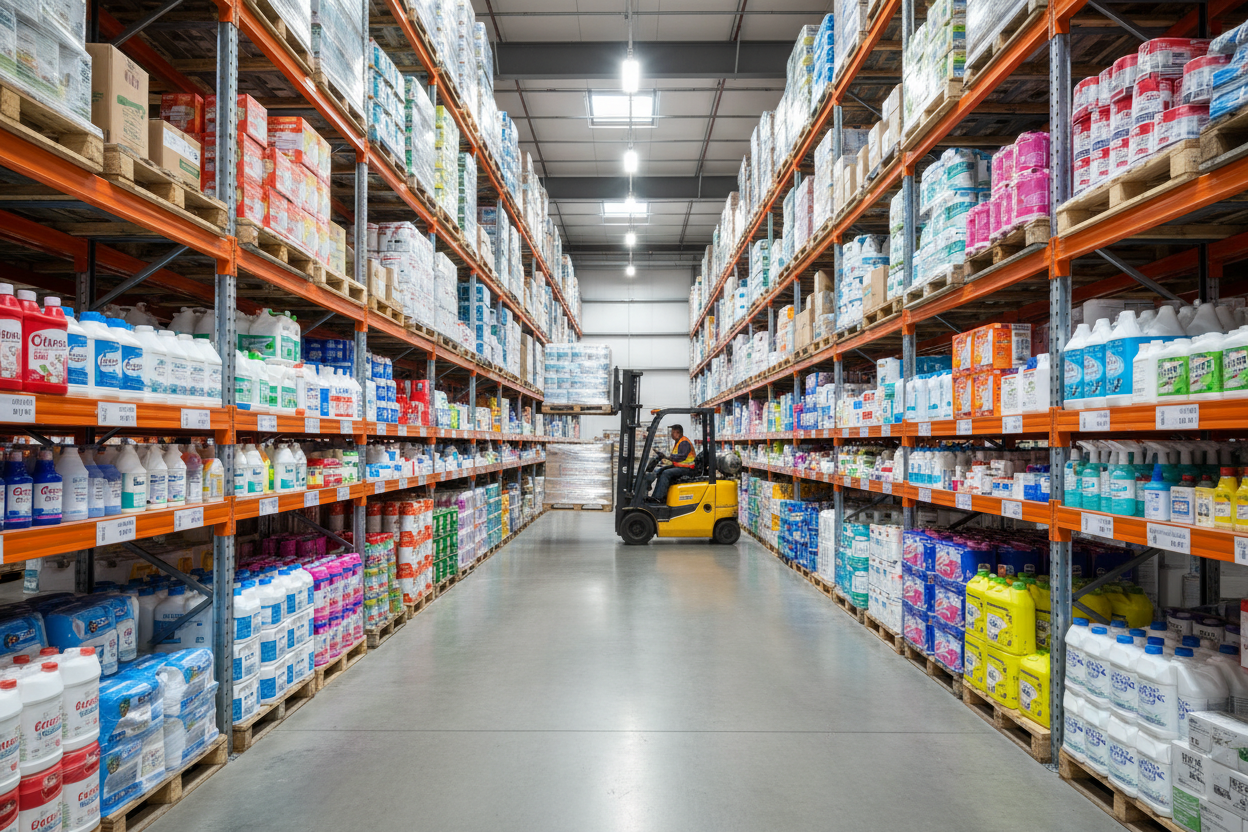 armazem produtos limpeza empilhador