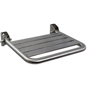Assento de duche rebatível em aço inox satinado da NOFER, com suporte fixo na parede para acessibilidade e conforto.