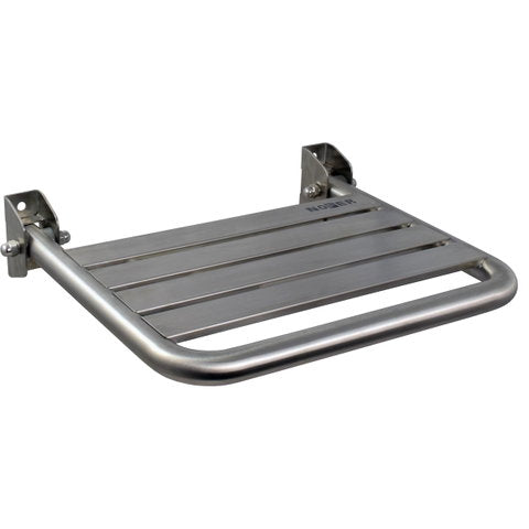 Assento de duche rebatível em aço inox satinado da NOFER, com suporte fixo na parede para acessibilidade e conforto.