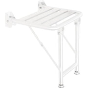Assento de duche rebatível em inox branco com apoio ao chão, ideal para acessibilidade, marca NOFER, fixado na parede.