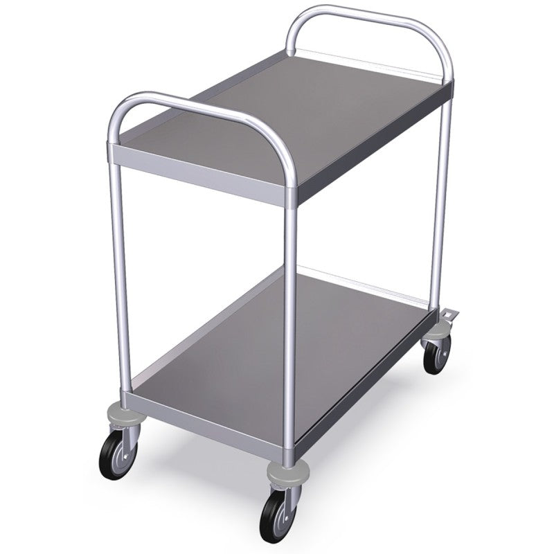 Carro de serviço inox reforçado com duas prateleiras, marca Pinto & Coelho, ideal para ambientes profissionais.
