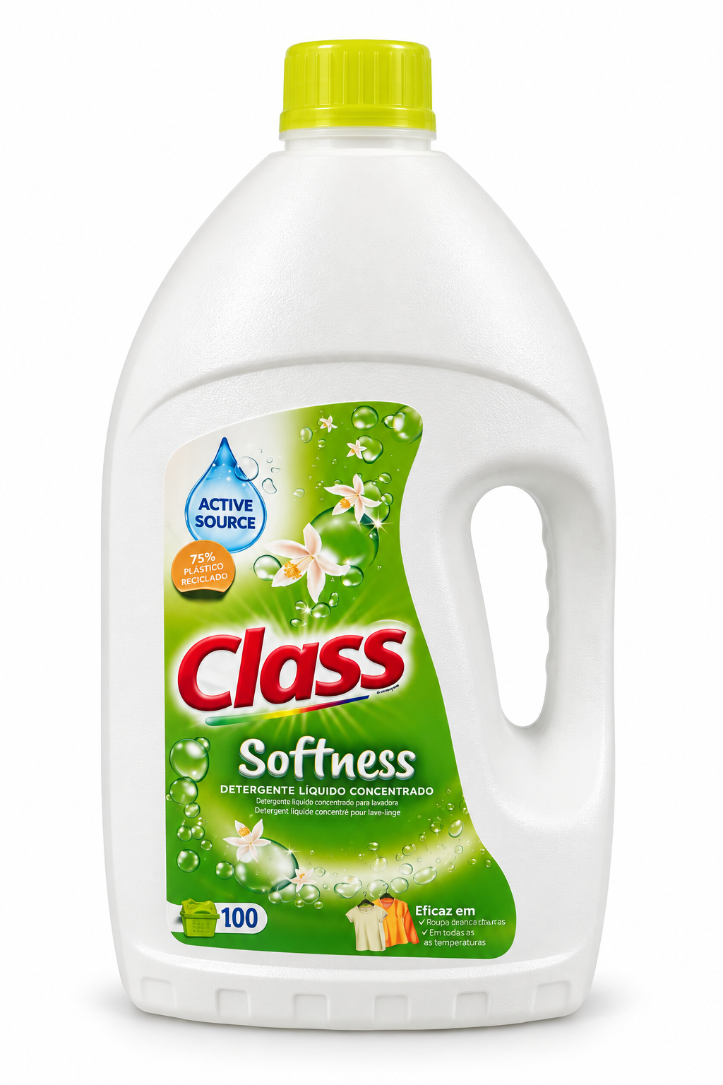 Detergente líquido concentrado Class Softness Pinto & Coelho para roupas, 5L, embalagem com 100 doses.
