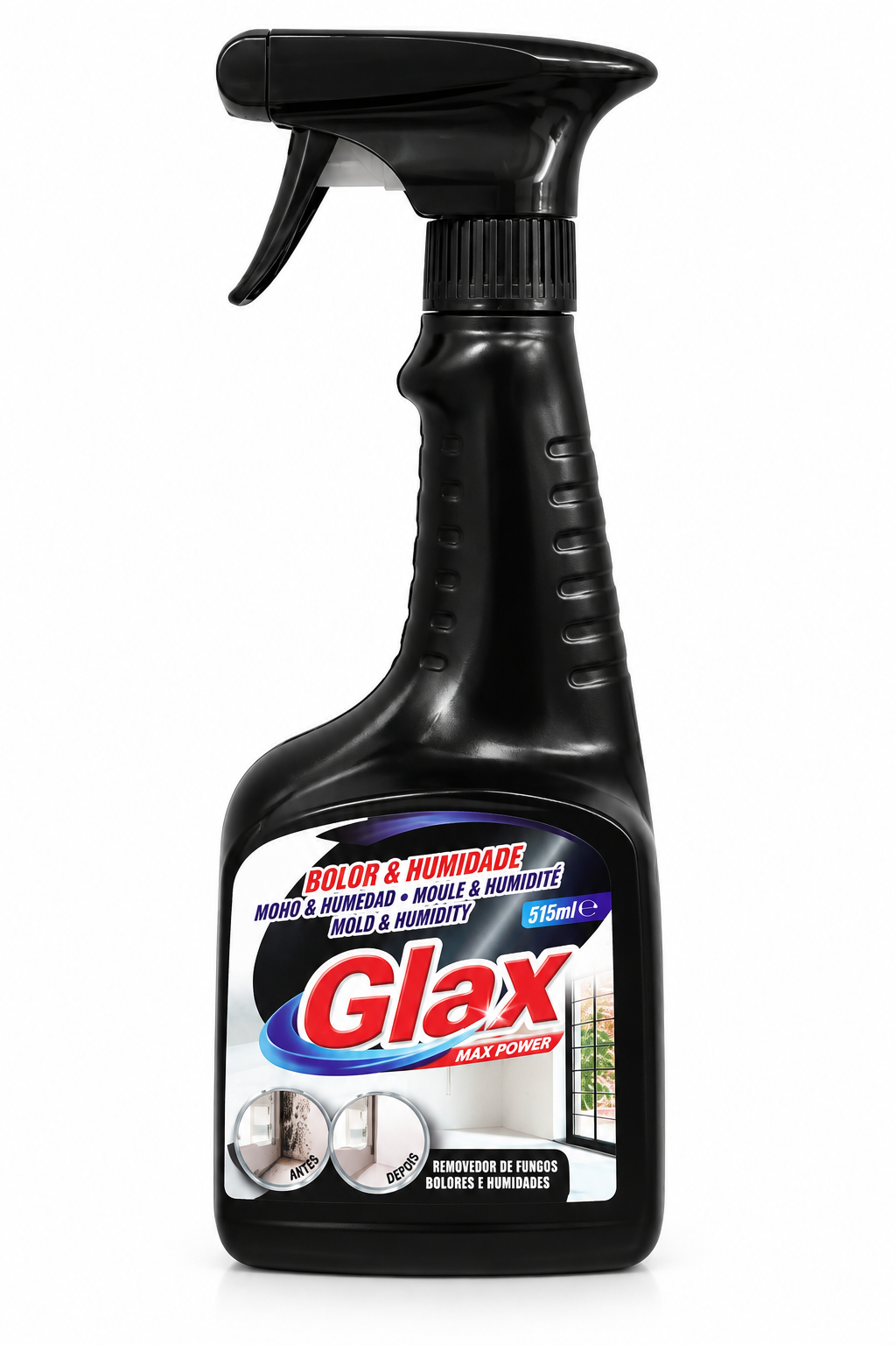 Lata de produto GLAX Bolor & Humidade de 515ml da Pinto & Coelho, multiusos, com rótulo e tampa visíveis.
