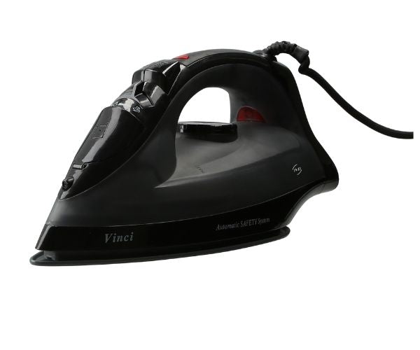 Ferro a vapor JVD Vinci 2200W preto para engomadoria de hotel, com base de suporte e controle de vapor.
