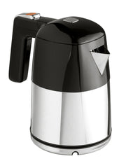 Chaleira inox JVD Diva de 1 litro, elegante e resistente, ideal para preparar café e chá, foco na alça e tampa de inox.