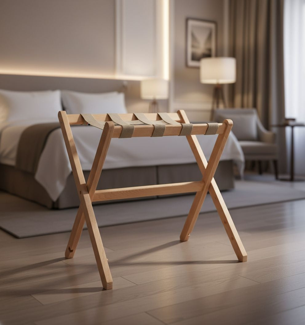 Bagageiro de hotel JVD Berengere em madeira, suporte robusto para bagagem com design elegante, para quartos de hotel.