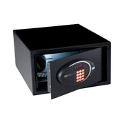 Cofre de hotel JVD Trustee Compact preto, compacto e seguro, ideal para armazenamento de valores pessoais.