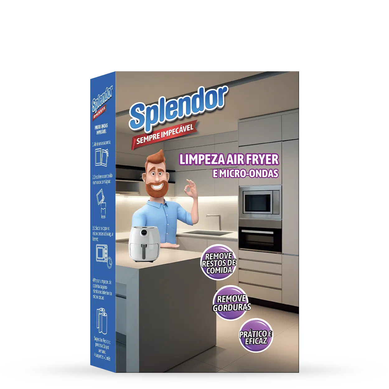 Escova e pano de limpeza para air fryer e micro-ondas da Pinto & Coelho, mostrando utensílios de limpeza em uso.