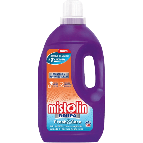 Detergente para roupas Mistolin Fresh Pinto & Coelho, frasco com 58 doses, cuidado com roupas e fragrância fresca.