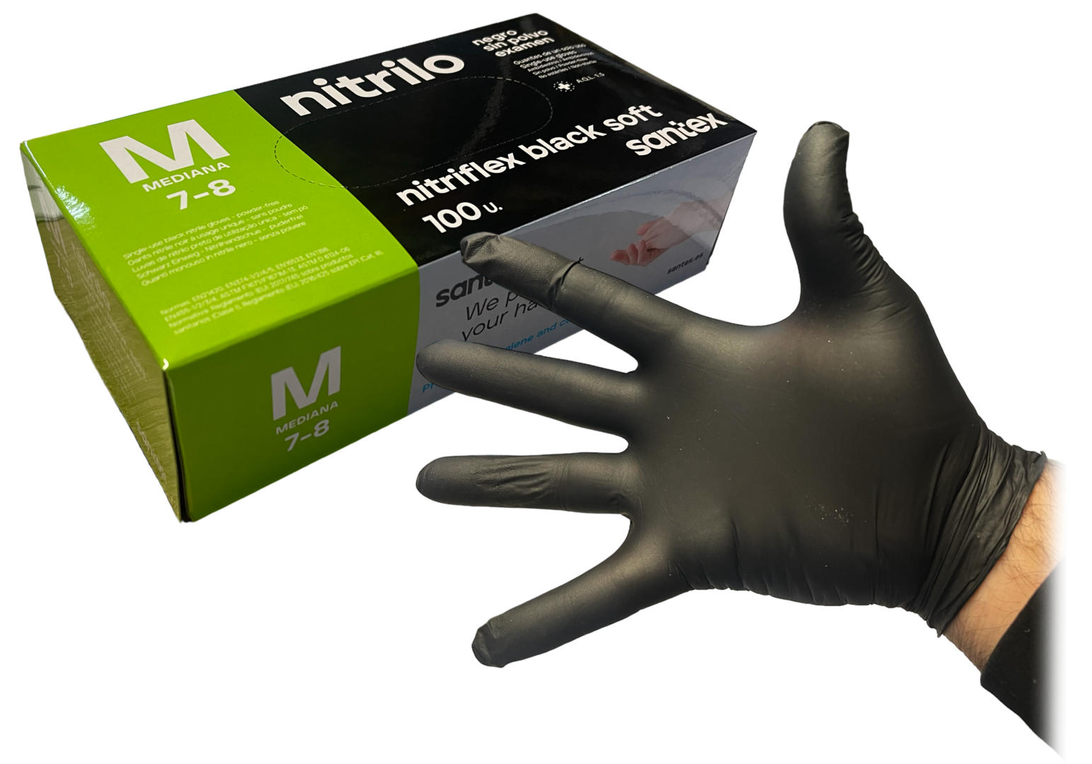 Luvas de nitrilo pretas sem pó da Santex, pacote com 100 unidades, material resistente e ideal para proteção e higiene.