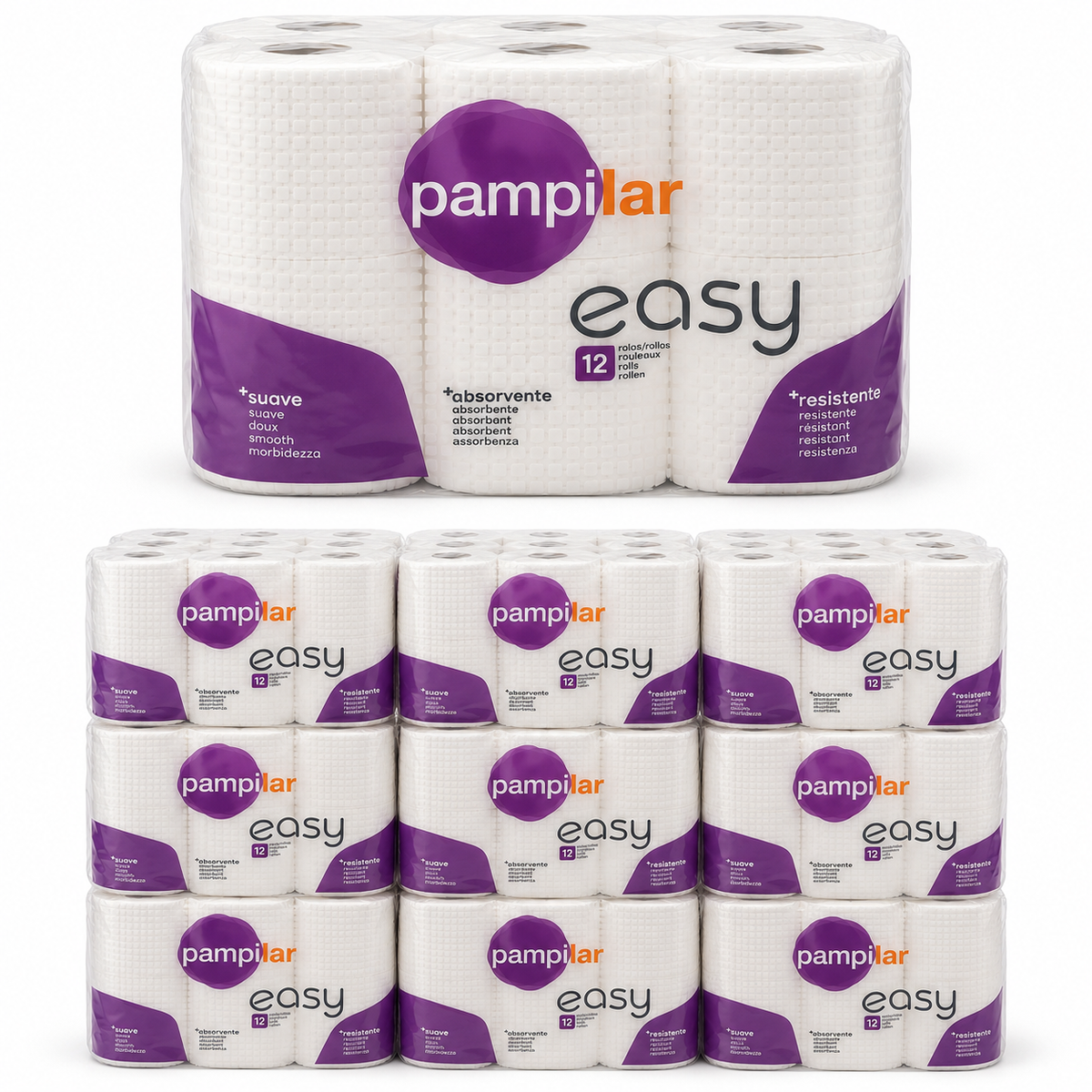 Papel higiénico Pampi-lar Easy em embalagem de 12 rolos e pack completo de 108 rolos