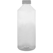 Garrafa PET de 1L com tampa branca, marca Pinto & Coelho, empilhada em caixa com 70 unidades, ideal para bebidas.