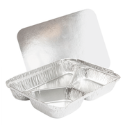 Forma de alumínio com tampa da Pinto & Coelho, com 3 compartimentos, ideal para embalagens de alimentos, capacidade de 766 ml.