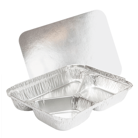Forma de alumínio com tampa da Pinto & Coelho, com 3 compartimentos, ideal para embalagens de alimentos, capacidade de 766 ml.