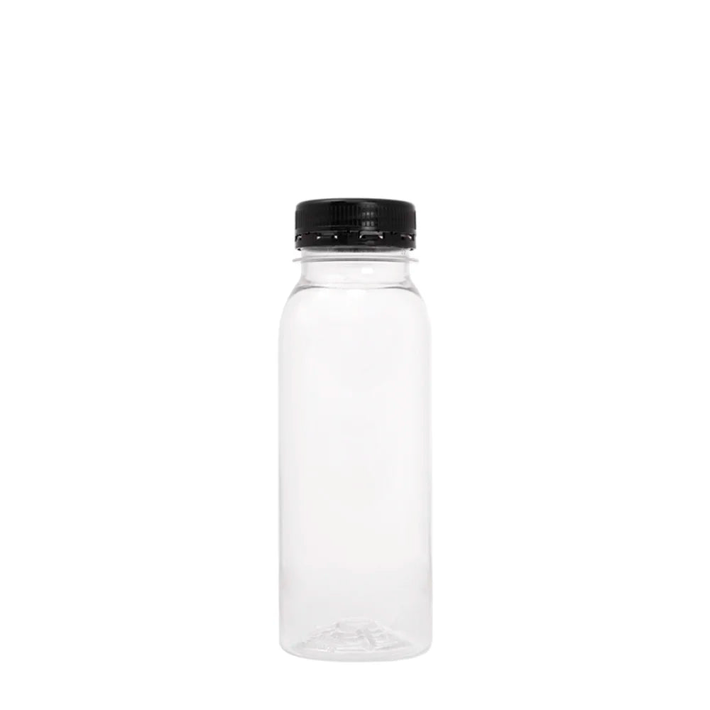 Garrafa PET de 250ml com tampa preta da Pinto & Coelho, ideal para bebidas, embalagem de plástico rPET.