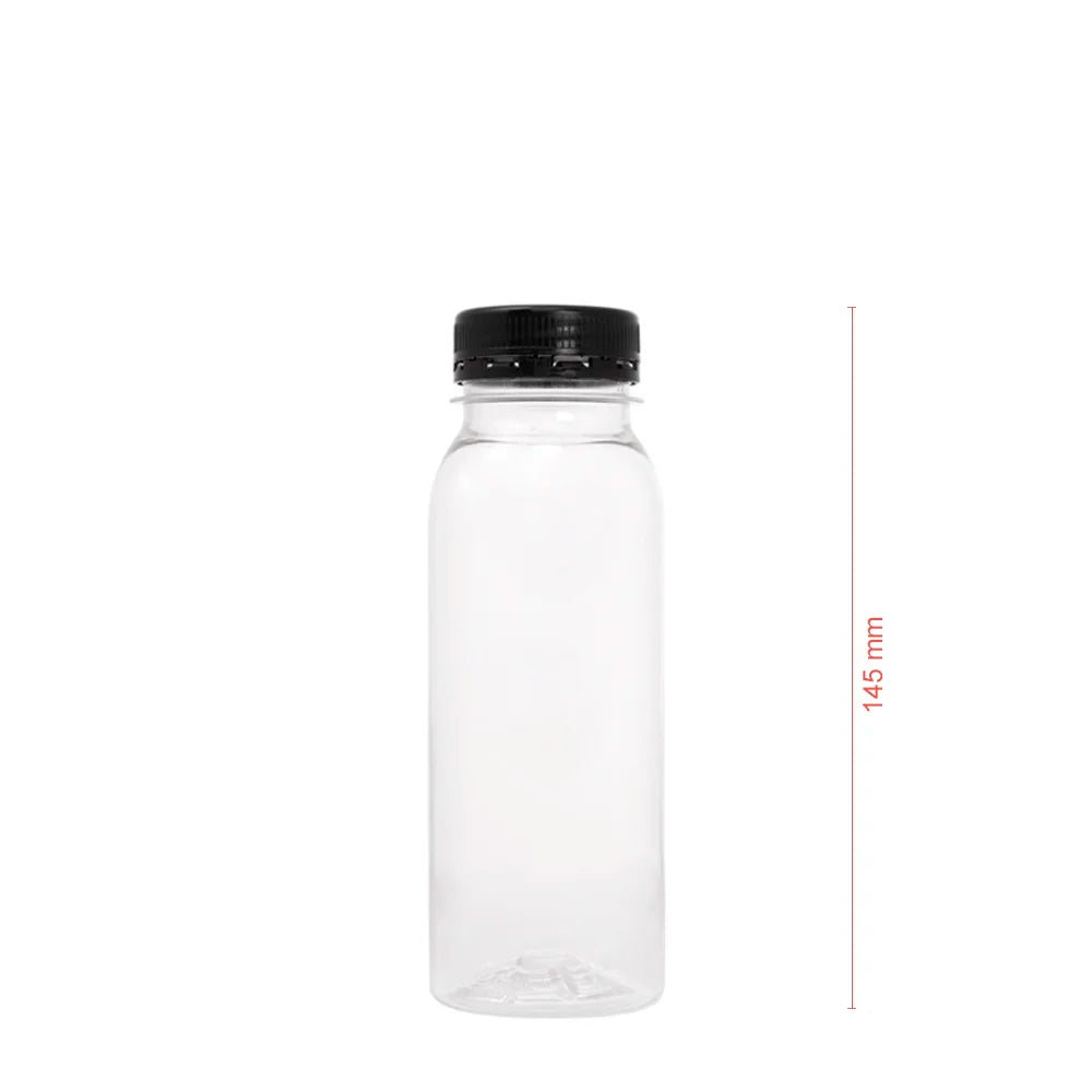 Garrafa PET de 250ml com tampa preta da Pinto & Coelho, embalagem com várias unidades, ideal para bebidas leves.