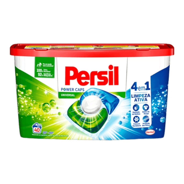 Capsulas de detergente para roupas Persil Universal, 40 unidades, da marca Pinto & Coelho, mostrando cápsulas de limpeza.