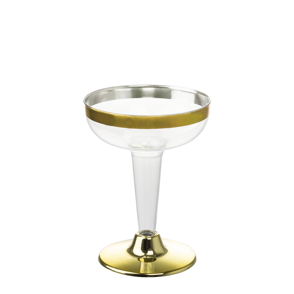 Copo flute PS transparente 100 ml com pé dourado sobre fundo claro