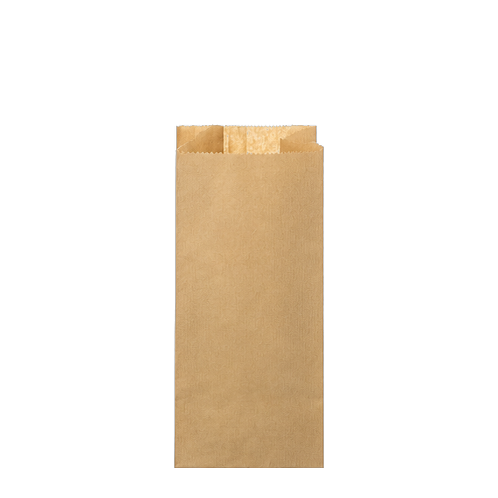 Saco de papel kraft castanho Pinto & Coelho SC05, 14+6 × 32 cm, vista frontal