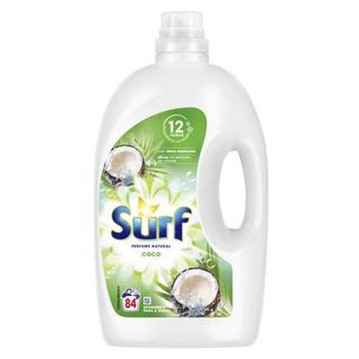 Detergente líquido Surf Coco para roupas, embalagem de 3,78L com 84 doses, mostrando o rótulo e o design da embalagem.